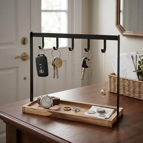 MyGift Black Metal Entryway Key Holder with 5 Hooks and Burnt Wood Base, Tabletop Necklace and Jewelry Organizer Rack with Ring Tray - color: Burnt Wood