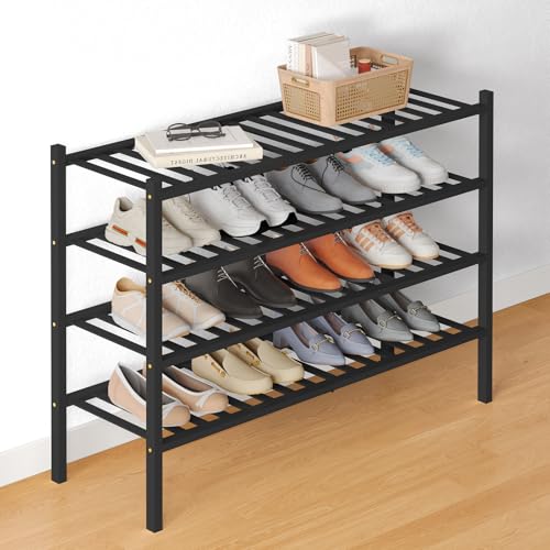 Smiry Bamboo Shoe Rack for Closet, 4 Tier Long Wooden Stackable Shoe Organizer, Free Standing Shoes Storage Shelf for Entryway, Front Door Entrance, Black - color: Black, size: 4 Tier - Long