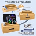 Bamboo Charging Station for Multiple Devices, Cable Management Box for Power Strip, USB Charger & USB Charging Hub/Station, Wood Docking Station Desktop Organizer Bedside Table Organizer