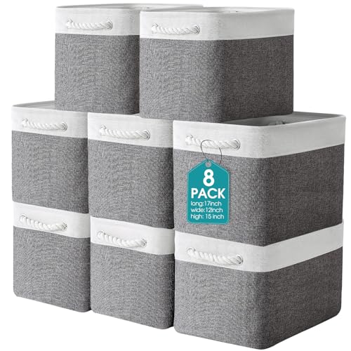 meekoo 8 Pack Collapsible Storage Bins Fabric Storage Bins Polyester Fabric Baskets with Handles Linen Closet Organizer for Shelf Home Closet Towels Toys(17 x 12 x 15 in,Gray White) - color: Gray White, size: 17 x 12 x 15 In