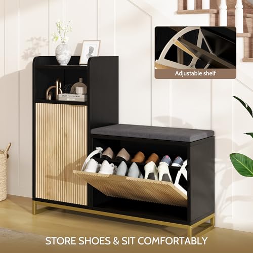 L-Shaped Shoe Storage Bench with Cushioned Seat & 2 Flip Drawer, 39'' Entryway Bench with Wave Door & Adjustable Shelves, Farmhouse Bench Cabinet for Entryway, Hallway (Natural & Black) - color: Natural & Black, size: 39" Inch