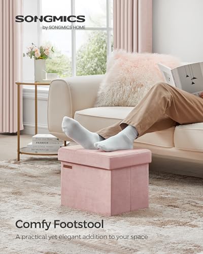 SONGMICS Storage Ottoman, Foldable Small Ottoman Foot Rest, 12.2 x 16.1 Inches Foot Stool, Load up to 286 lb, for Living Room, Bedroom, Dorm, Jelly Pink ULSF200R01 - color: Jelly Pink, style: Velvet