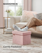 SONGMICS Storage Ottoman, Foldable Small Ottoman Foot Rest, 12.2 x 16.1 Inches Foot Stool, Load up to 286 lb, for Living Room, Bedroom, Dorm, Jelly Pink ULSF200R01 - color: Jelly Pink, style: Velvet
