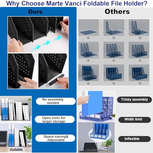 Marte Vanci Collapsible Magazine File Holder with 4 Vertical Compartments, Binder Holder for Desk, Desktop Binder Organizer for Notebook, Documents, Book, School Office Supplies(Black) - color: Black 4 Compartments