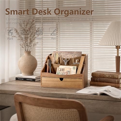 Rebee Vision Acacia Wood Mail Organizer for Desk - Farmhouse Countertop Mail Holder with Dividers - 4-Slot Letter Sorter for Office Accessories - Desktop Organizer for Home Decor (Acacia Wood) - color: A-Acacia Wood