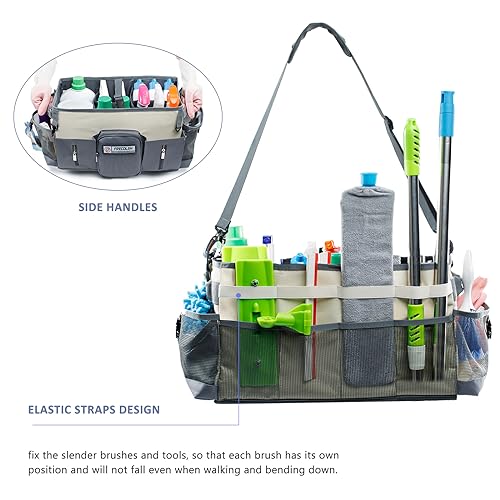 Large Cleaning Supplies Organizer-Cleaning Caddy Organizer With Handles & Shoulder Strap-Cleaning Bags for Cleaning Suppliers-Housekeepers Wearable Cleaning Tote Upgraded - color: Beige