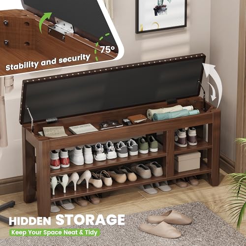 Shoe Bench for Entryway, Solid Rubberwood Shoe Bench with Hidden Storage, Adjustable 2-Tier Shelves & Soft PU Leather Seat, Shoe Rack Durable Easy Assembly for Hallway or Bedroom - Brown, 47.28" - color: Brown, size: 47.28"W x 11.82"D x 20.47"H
