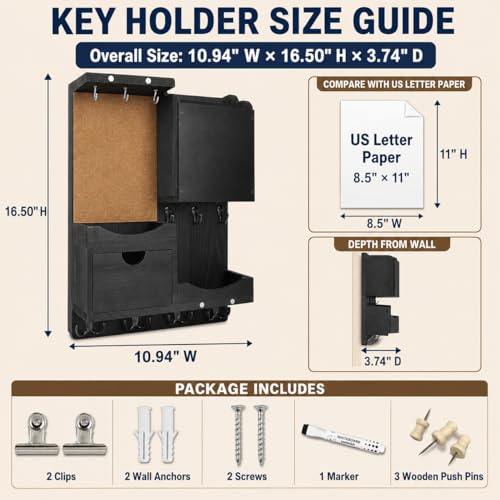 Key Holder Wall Mount, Mail Organizer Key Holder for Wall with Shelf, Drawer, Chalkboard, Corkboard, Home Decor Mounted for Room Entryway (Black) - color: Black, size: Vertical