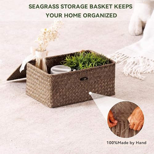 Nonam Seagrass Storage Baskets with Lid Set of 3,Wicker Basket Storage Bin for Shelves,Rectangular,Boho Decor,Handwoven Shelf Basket for Organizing-Storage Container Box for Home Organization-Coffee - color: Coffee* Set of 3