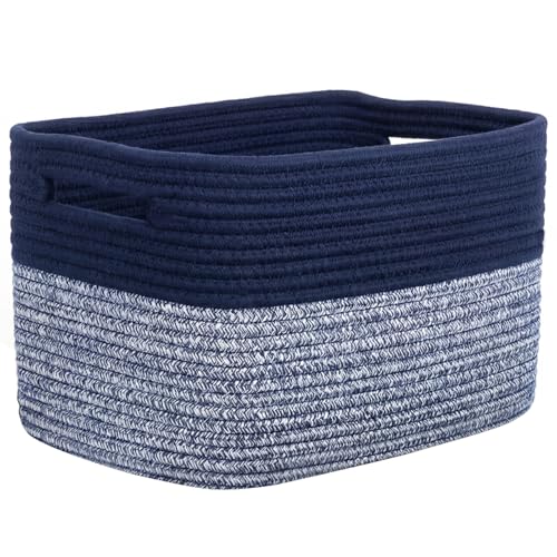 Storage Baskets for Organizing, 14 x 10 x 9” Closet Shelf Woven Baskets, Square Bins with Handles, Cotton Rope Basket for Toys, Clothes, Office, Room, Grey+Blue 1 Pack - color: Grey+Blue, size: 1pc