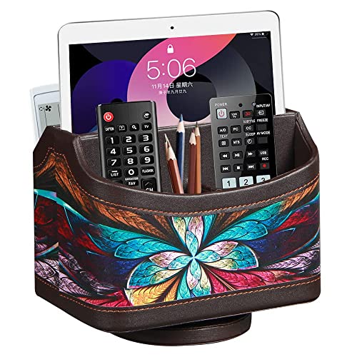 Fanousy 360° Rotating Remote Control Holder, PU Leather TV Remote Caddy Organizer Basket Storage Box with 5 Compartments for Pen, Pencil, Art Supplies, Makeup Brush, Office Desk Table Accessories - color: Butterfly