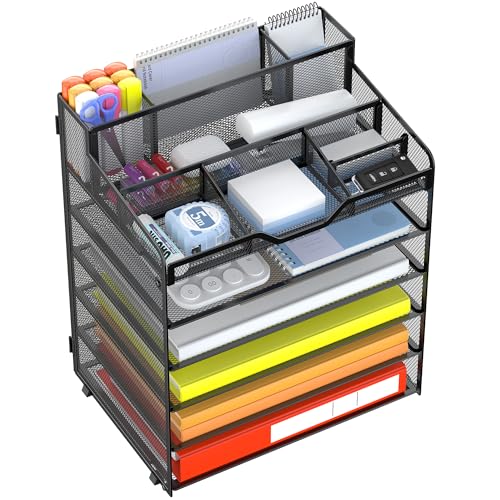 Docnest 6 Tier Mesh Desk Organizer for Paper Office Supplies – Multi-Functional Letter Tray with 5 Adjustable Compartments, 3 Pen Holders, Desktop Storage for Files, Mail, Stationery – Black - color: Black, size: 12.7" x 9.1" x 15.5"
