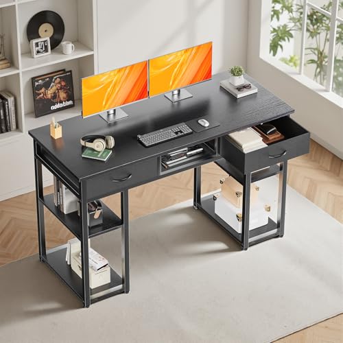 DUMOS 48" Small Computer Home Office Desk for Bedroom with Drawers, Gaming Writing Study Table with Storage Shelf, Adjustable Feet, Metal Frame Black - color: Black, size: 48-In