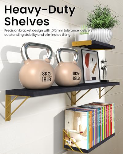 BAYKA Floating Shelves for Bedroom Decor, Wall Shelves for Storage, Wall Mounted Rustic Wood Floating Shelf for Books,Corner Shelf for Bathroom,Kitchen,Living Room(Black and Gold，Set of 4) - color: G. Black Board & Gold Brackets, size: 16-inch Mixed
