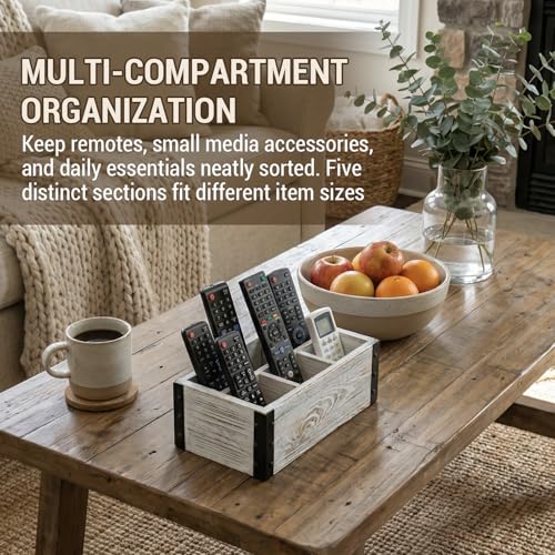 MyGift Rustic Whitewashed Wood 5-Compartment Remote Control and Media Storage Organizer with Black Metal Corner Trim - color: White Washed