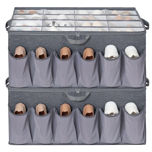 Shoe Organizer for Closet, Shoe Storage Solution with Clear Cover & Adjustable Dividers, Fabric Shoe Box Fits 16 +12 Pairs Shoes, Grey, 2-Pack - color: Grey, size: 2 Pack Large