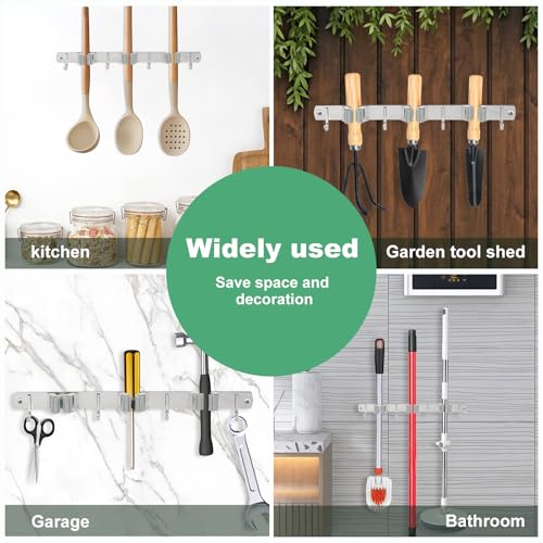 5 Pack Broom Holder Wall Mount 3 Racks 4 Hooks Stainless Steel Broom Mop Holder Anti Slip Storage Rack Strong Load Bearing Waterproof Broom and Mop Organizer Wall Hanging for Bathroom Kitchen Garage