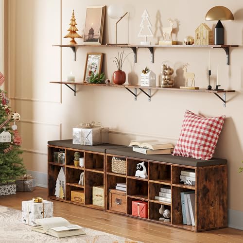 DINZI LVJ Shoe Storage Bench with Cushion, Cubby Shoe Rack with 12 Cubbies, Adjustable Shelves, Multifunctional Shoe Organizer Bench for Entryway, Mudroom, Hallway, Closet and Garage, Rustic Brown - color: Rustic Brown, size: 12 Cubby