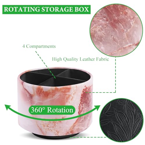 Round Leather Art Supply Organizer,Remote Control Holder,360-degree Rotating Pen Organizer with 4 Compartments(1-Marble Pink) - color: 1-Marble Pink
