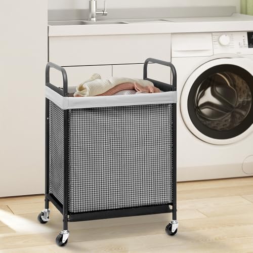 STORAGE MANIAC Rolling Laundry Hamper with Wheels 1-Section Laundry Sorter Rolling Laundrys Basket on Wheels with Removable Bag Clothes Hamper Laundrys Organizer Cart Bathroom Bedroom 90L Grey - color: Grey, size: 1-Section