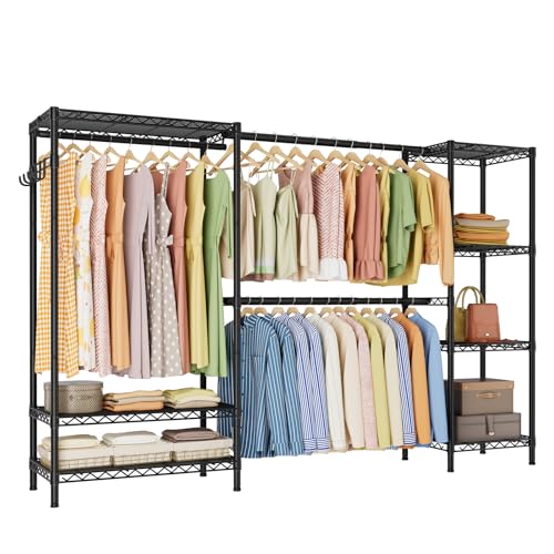 Golpart Heavy Duty Garment Rack Clothes Rack,Large Metal Closet Organizer System Storage Wardrobe,Freestanding Clothing Rack with 7 Adjustable Wire Shelves&3 Hang Rods,MaxLoad 1500lbs - color: Black, size: 15.75"D x (70~88.5)"W x 76.5"H