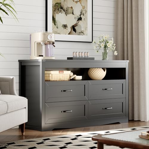 Dresser for Bedroom with 4 Drawers, Farmhouse Chest of Drawers with Natural Texture and LED Lights, Wide Wood Rustic Closet Storage Organizer, Modern Dresser TV Stand for Living Room, Entryway, Black - color: Black, size: 13.8"D x 47.2"W x 29.5"H (4 Drawe