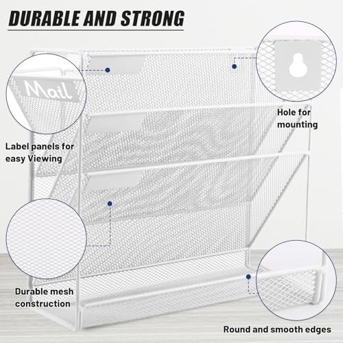 EASEPRES Desk File Organizer Mesh 4-Tier, Hanging Wall Mount Document Organization Stand, Desktop Vertical Mail Paper Folder Holder Rack with Bottom Tray for Office Home Cubicle Countertop, White - color: White, size: 4 Tier