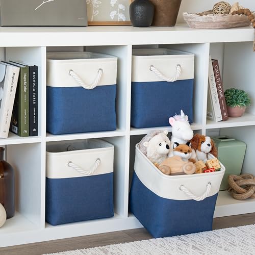 OrganiHaus 11x11 Cube Storage Bins 4 Pack, Foldable Cube Storage Organizer w/ Rope Handles, Collapsible Fabric Bins for Toys, Clothes & Closet Organization, Fabric Square Baskets - Navy Blue - color: Navy Blue Base / Off-White, size: 4 pcs (11x11)