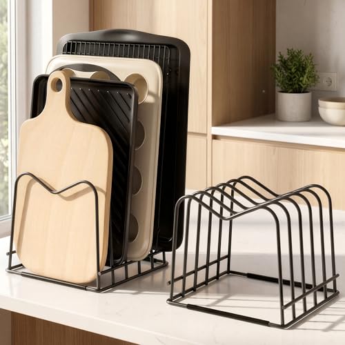 ORDORA 2 Pack Cutting Board Holder Stand Rack Organizer for Cabinet, 5mm Wire Storage Rack for Countertop, Baking Cookie Sheet Pan Organizer inside Cabinet, Chopping Board Holder for Pots and Skillets - size: 5-Slot 2 pack