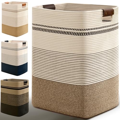 Laundry Hamper, 85L Tall Laundry Basket with Leather Handles, Rectangle Large Clothes Hamper for Organizing, Cotton Woven Laundry Baskets Storage Hampers for Bedroom, Nursery, Living Room - color: Rice Brown & White, size: 85L