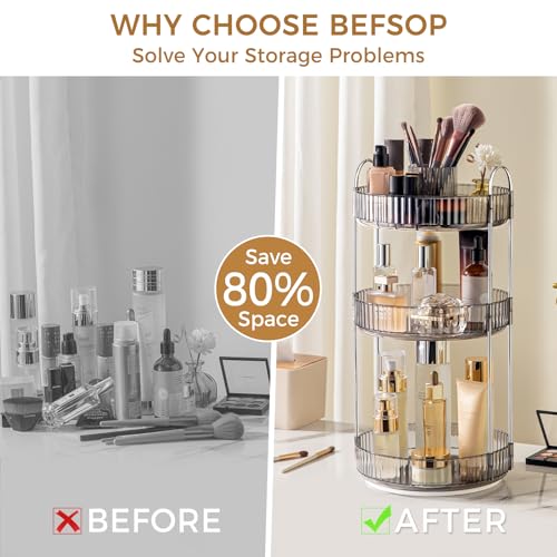 360° Rotating Makeup Organizer, Upgraded 3 Tier Skincare Perfume Organizers for Women, Bathroom Organizer Countertop, Clear Cosmetic Dresser Organizer with Makeup Brush Holder, Sink&Counter(Grey) - color: Grey, size: 3 Tier