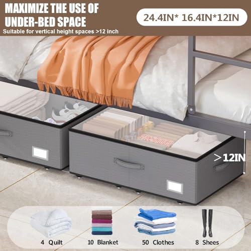 EE-RoomWorld Under Bed Storage with Wheels, No Assemble Required 12 inches height Under Bed Storage bins,Large capacity Rolling Underbed Shoe Storage containers，dorm underbed storage drawers - color: Grey, size: 12 inch height