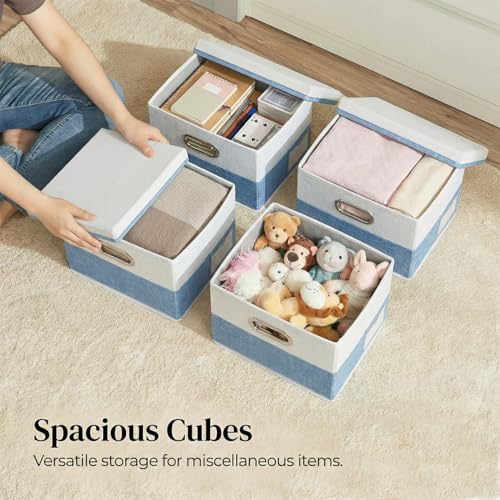 PRANDOM Storage Bins with Lids [3-Pack] Linen Fabric Foldable Storage Boxes Organizer Containers Baskets Cube with Cover for Bedroom Closet Office Blue&White（11.4X8.6X6.7 - color: Blue&Cream, size: S(3-Pack)