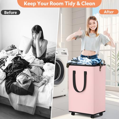 SpaceTrove Laundry Basket with Wheels, Collapsible Laundry Baskets, Laundry Hamper with Handles Detachable Wheels, Rolling Laundry Basket, Dirty Clothes Hamper for Bathroom, Dorm, Bedroom, Pink, 80L - color: Pink, size: 80L
