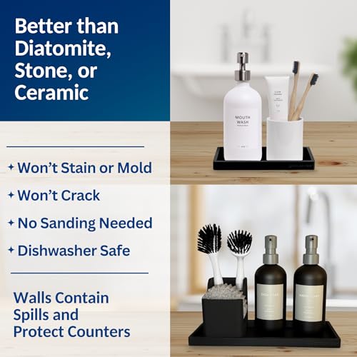 Spacewiser Countertop and Vanity Tray - 2 PC (11” and 7”) Shatterproof Silicone Kitchen and Bathroom Trays for Counter, Kitchen Soap Dispenser Tray, Vanity Trays for Bathroom, Perfume Key Tray - color: Black, size: Set‐ 1 Small + 1 Large