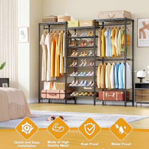 ULIFHOME E16 Heavy Duty Clothing Rack（with 7-Tier Adjustable Shoe Rack） Freestanding Clothes Rack for Hanging Clothes，Metal Closet Storage Organizer Large Wardrobe，69'' W x 15.8'' D x 76.2'' H，Black - color: Black