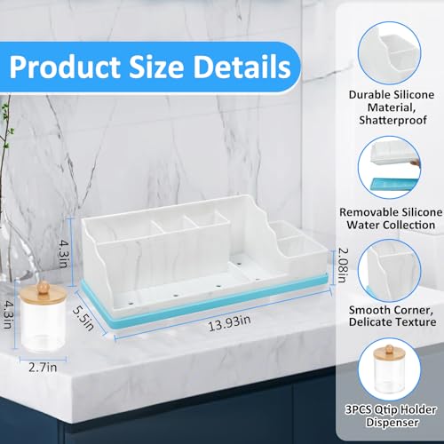 Bathroom Counter Organizer, Large Silicone Toothbrush Holders for Bathrooms with 3PCS Qtip Holder, Detachable Bathroom Organizer Countertop Toothbrush and Toothpaste Holder Makeup Organizer for Vanity - color: White Blue With 3pcs Dispenser