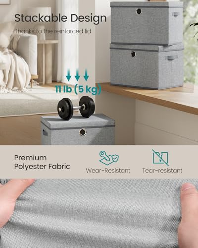 SONGMICS Storage Bins with Lids, 3 Pack Stackable Fabric Storage Boxes, Odorless PP Sheets, Foldable Cube Baskets Organizers with Handles, 16.9 x 11.8 x 11.8 Inches, Dove Gray URFB545GD01 - color: Dove Gray, size: 16.9"L x 11.8"W x 11.8"H