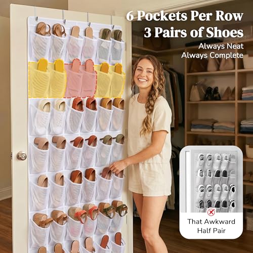 48 Pockets Over The Door Shoe Organizer, Large Mesh Hanging Shoe Rack, 6-Column Heavy Duty Shoe Storage for Sneakers and Heels, Behind Door Holder for Entryway Bedroom Dorm College, White - color: White