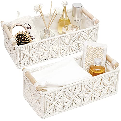 HOSROOME Macrame Storage Basket Boho Decor Baskets for Organizing Woven Decorative for Countertop Toilet Paper Basket for Tank Top for Home Decor Bedroom Nursery Livingroom Entryway (Set of 2) - color: white