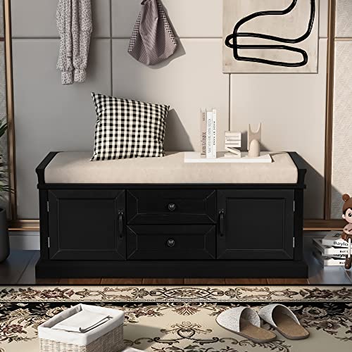 P PURLOVE Rustic Wood Storage Bench With 2 Cabinets and 2 Drawers, Removable Cushion for Bedroom, Hallway, Entryway - Assembly Required - color: Black, size: with 2 Drawers and 2 Cabinets