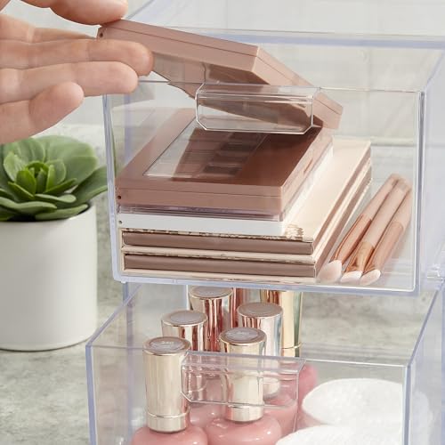 STORi Audrey Stackable Clear Bin Plastic Organizer Drawers | 2 Piece Set | Organize Cosmetics and Beauty Supplies on a Vanity | Made in USA - size: 4.5" Tall Set