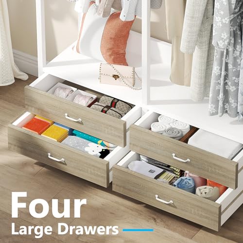 Tribesigns Freestanding Closet Organizer for Hanging Clothes, Heavy Duty Garment Rack with 4 Drawers, 8 Hooks and Storage Shelves, Wardrobe Closet Clothing Rack for Bedroom, Living Room, White Walnut - color: White Walnut