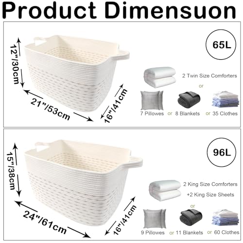 Large Blanket Basket,Woven Rope Basket Storage Bin with Handles,65L Rectangle Laundry Basket for Magazines,Toys,Clothes,Newspaper Shelf Organization,Nursery and Living Room,White&Yellow - color: White & Yellow, size: 21"x16"x12"(65L)