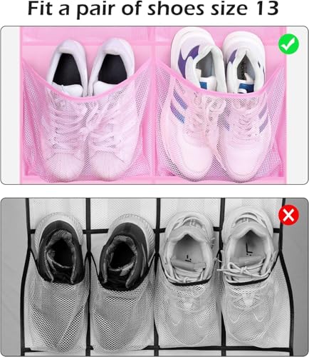 KIMBORA 12 Large Mesh Pockets Over the Door Shoe Organizer for Closet Hanging Shoe Rack for Door Sneaker Hanger Boot Storage for Kids, Baby, Toddler, Girl, Pink - color: Pink