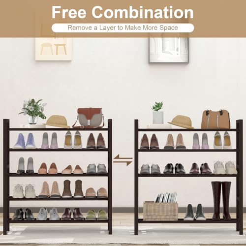 Haddockway Bamboo Shoe Rack for Closet, Free Standing Shoe Organizer with Smooth Round Rods & Convenient Handles, Stackable Shoe Storage Shelf for Entryway, Hallway(Brown, 5-Tier) - color: Brown, size: 5-Tier_Standard