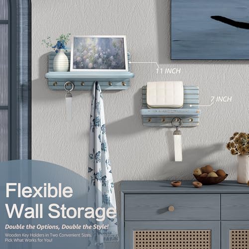 Rebee Vision Pine Wood Key Holder Wall Mount – Decorative 7-inch Key Holder for Wall with Wooden Shelf & Sturdy Hooks – Home Accessories for Mail Organizer (Blue) - color: Blue, size: Small-7inch