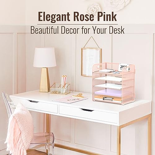 Supeasy 5 Trays Paper Organizer Letter Tray with Handle-Mesh Desk File Holders, Paper Sorter Desk Organizer for Office, Home, Classroom or School, Pink - color: Pink