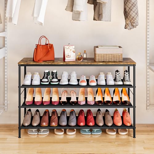 INGIORDAR Shoe Rack Organizer 5 Tier Metal Organizer Shelf with Industrial MDF Board and Layer Fabric for Entryway Closet Bedroom Living Room Garage (Black+Rustic Brown, 4 Tier(47.2" W)) - color: Black+rustic Brown, size: 4 Tier(47.2"W)