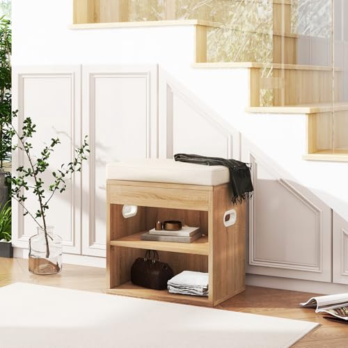 YMYNY Small Shoe Storage Bench with Cushion and Drawer, 2 Tier Adjustable Entryway Bench with Storage, Wooden Shoe Rack Bench for Entryway, Living Room, Hallway, Bedroom, Light Natural, HSC002R - color: Light Natural